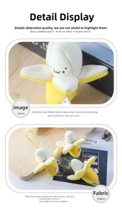 Macro detail of peelable banana plush charms with cute facial expressions and soft texture