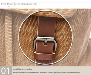 Detailed close-up of heavy brown canvas fabric with genuine cowhide leather straps