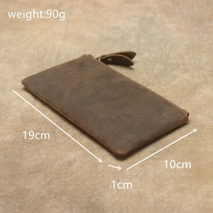 Brown vintage crazy horse leather wallet detail with dimensions 19cm by 10cm and weight 90g
