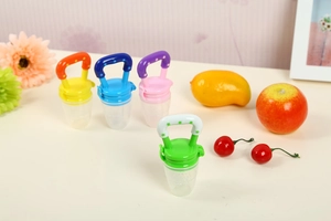 Baby fruit feeders in green, blue, purple, and orange colors with silicone nipples