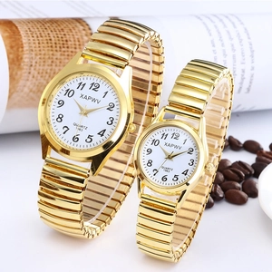 XAPWV gold quartz couple watches with elastic expansion bands and white numeric dials