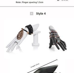 Détail du présentoir à bijoux de 27 cm en forme de main pour bagues et bracelets, noir et blanc