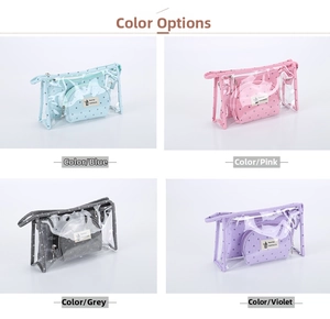 Collage of transparent travel toiletry bags in blue, fuchsia, gray and purple colors