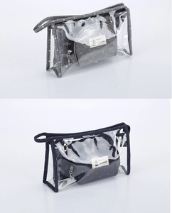 Detail view of gray and blue clear PVC makeup bag sets with handles and inner pouches