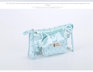 Detail view of large transparent PVC wash bag with a small light blue crown print pouch