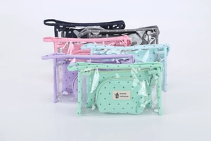 Detail view of 6 colorful cosmetic bag sets with crown patterns and clear outer pouches