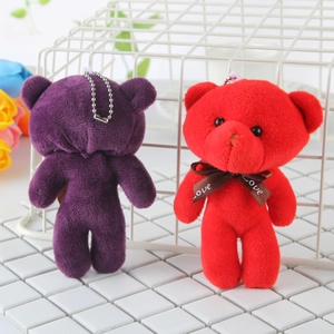 Plush teddy bear keychains in purple and red with metallic bead chains and Love ribbons