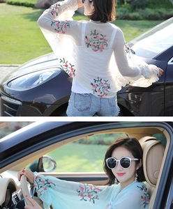 Detailed floral embroidery on lightweight chiffon sunscreen cardigan with ruffles