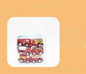 Detailed set of 6 mini red inertia fire truck toys packed in a clear PVC zipper bag
