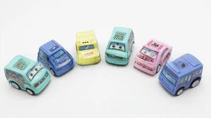 Set of six colorful cartoon toy construction vehicles with cute faces for kids