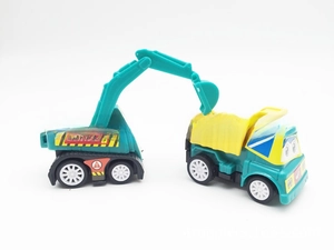 Detailed view of cartoon excavator and dump truck toys in bright green and yellow colors