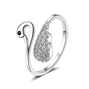Elegant silver swan open ring with black gemstone and white cubic zirconia accents