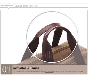 Detail of high-density canvas bag handle with premium microfiber leather for comfort