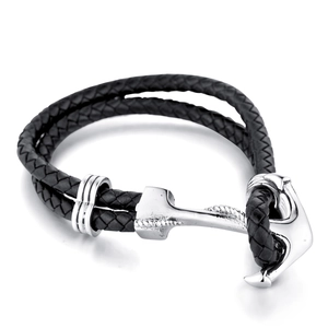 Braided black leather men's bracelet with a polished silver anchor metal clasp