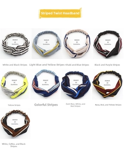 Detail showcasing nine varieties of striped criss-cross elastic headbands in various colors