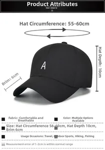 Guide des tailles pour casquette de baseball avec broderie A indiquant les dimensions et tissu