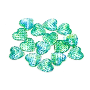 16mm heart shaped green fish scale resin cabochons with iridescent reflective finish