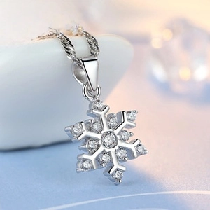 Close-up of S925 sterling silver snowflake pendant with sparkling cubic zirconia stones