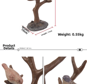 Detailed view of resin bird tree jewelry stand with wood grain texture and size specs