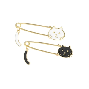 Cute Japanese enamel black and white cat pins with swinging tails on gold alloy brooches