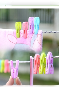 Close-up of colorful windproof plastic clothes pins on line showing non-slip grip detail