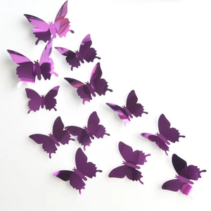 Detailed view of 12 pieces of purple 3D mirror butterfly wall stickers with metallic finish