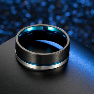 Men's titanium steel ring with black brushed exterior and deep blue electroplated inner