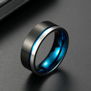 Men's titanium steel ring with black brushed exterior and polished blue interior lining