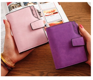 Pink and purple faux leather short wallets with snap closure and smooth zipper details