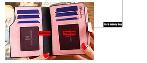 Internal layout of pink PU leather short wallet showing card slots and zip coin pocket