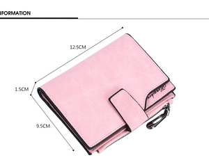 Pink bifold wallet dimensions showing 12.5cm length and 1.5cm thickness details
