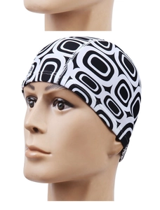 Detail of adult polyester swim cap featuring a black and white geometric pattern print