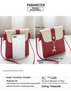 Size comparison of red and white PU leather crossbody bag with deer charm and dimensions