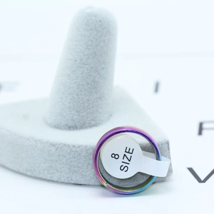 Rainbow plated stainless steel ring size 8 shown on a jewelry display stand