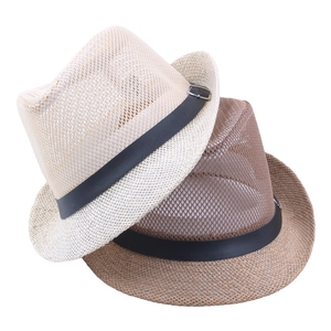 Breathable hollow mesh jazz hat for men with faux leather band in cream and coffee