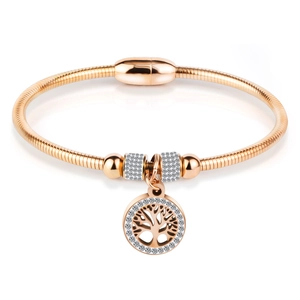 Rose gold Life Tree bracelet with crystal snake chain and magnetic clasp on white backdrop