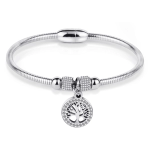 Silver stainless steel snake chain bracelet with life tree charm and sparkling zircons