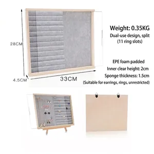 Solid wood jewelry display tray with grey velvet lining and wall hanging hooks
