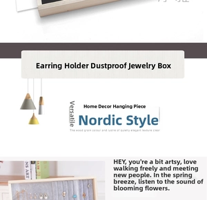 Detailed close-up of light wood jewelry organizer with grey velvet slots and dust-proof lid