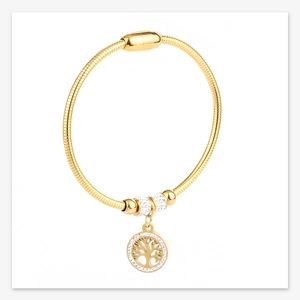 Detailed view of golden snake chain bracelet with life tree pendant and magnetic clasp