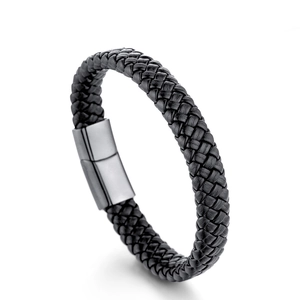 Braided black leather bracelet featuring a smooth gunmetal magnetic steel clasp