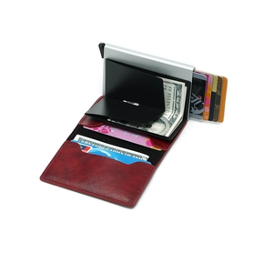 Slim aluminum RFID blocking wallet in burgundy faux leather with card pop-up mechanism