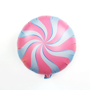 Detail of 18-inch lollipop foil balloon with pink and blue spiral candy pattern for party