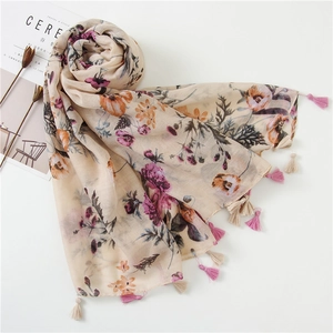 Pink floral cotton linen scarf with tassels and elegant summer print for sun protection