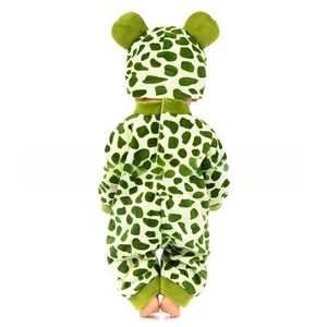 Detail view of the soft green spotted frog onesie back and hood for 18 inch dolls