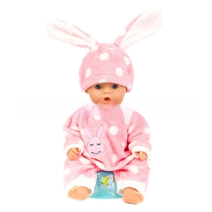 Detail of pink polka dot bunny plush outfit with long ears for 18 inch dolls