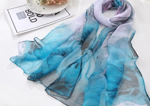 Close-up of translucent blue and purple gradient lotus print chiffon scarf texture