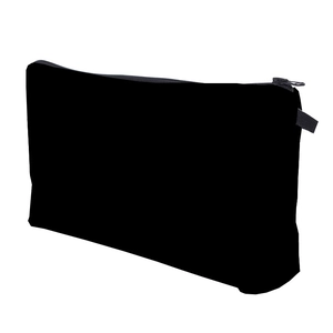 Detail view of the black canvas zipper closure and side tab on a cosmetic storage bag
