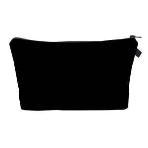 Detail view of the black fabric cosmetic bag showing texture and durable top zipper