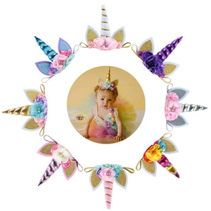 Detailed collection of unicorn headbands for baby photo shoots with colorful flower accents